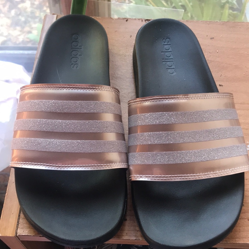 Sparkling pink Adidas slides
